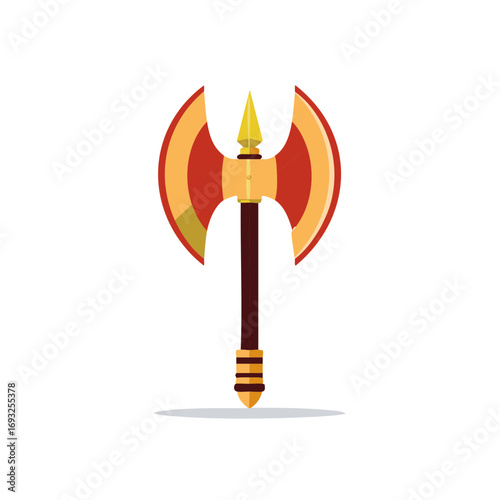 Ornate double-bladed battle axe with golden spike and rich red and gold design elements