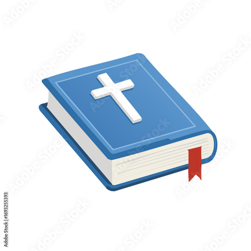 Closed blue holy book with white cross symbol and red bookmark on white background