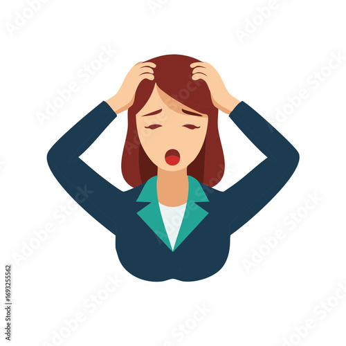 Woman in suit holding head in despair with mouth open and closed eyes