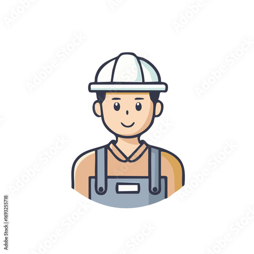 Cartoon builder with a safety helmet and overall uniform is smiling with simple design. Construction worker illustration avatar