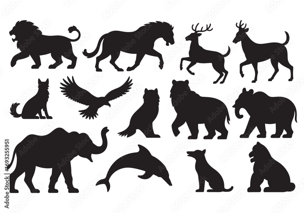 Obraz premium Collection of diverse animal silhouettes featuring wildlife mammals birds and marine life white background