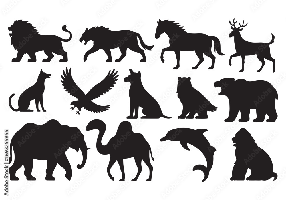 Obraz premium Collection of diverse animal silhouettes majestic creatures for wildlife and nature themes white background
