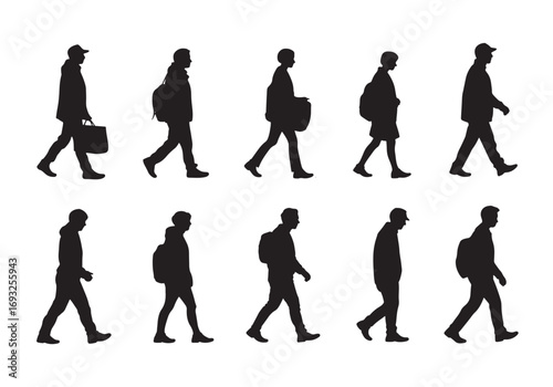 Silhouettes of diverse people walking with bags diverse lifestyles commuting daily life white background