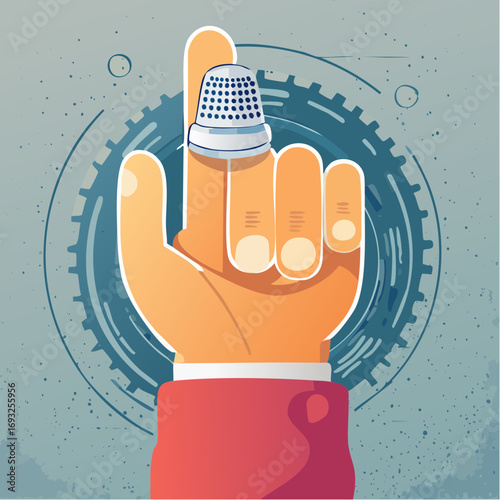 Hand Holding Thimble Against Abstract Background