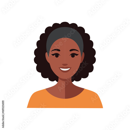 Stylized portrait of a smiling Black woman with curly hair wearing an orange shirt and a headband
