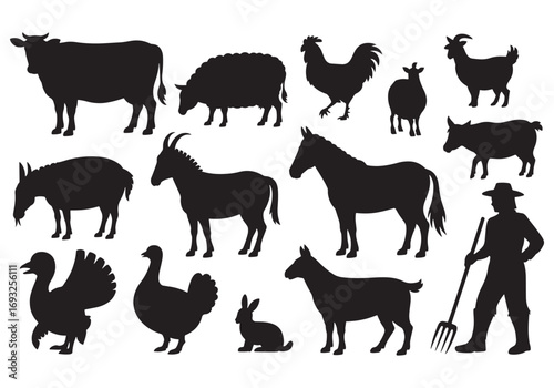 Diverse collection of farm animal silhouettes farmer with pitchfork isolated on white white background