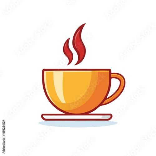 Stylized graphic image of orange cup of hot drink with red vapor