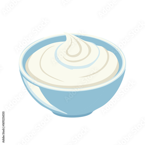 Swirled white creamy dip or topping like sour cream in a blue bowl vector illustration