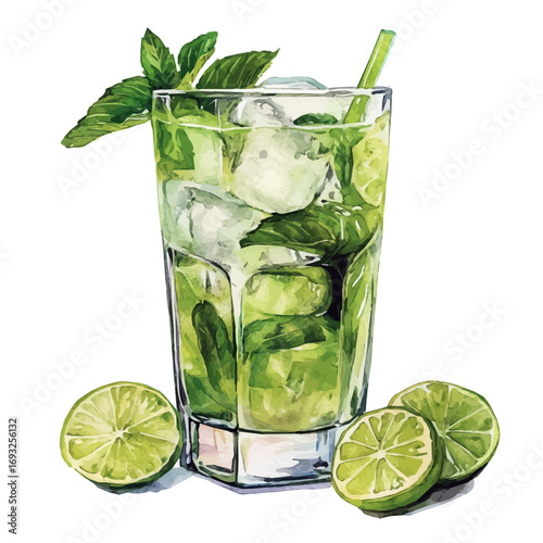Mojito, watercolor vector, isolated on a white background.