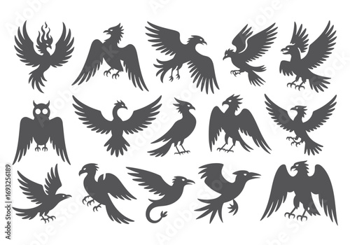 Collection of silhouette birds of prey and mythical creatures flying and perched diverse designs white background