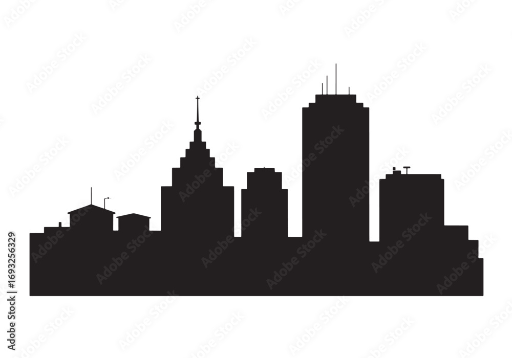 Naklejka premium Urban skyline silhouette modern cityscape tall buildings rooftops architectural panorama graphic white background