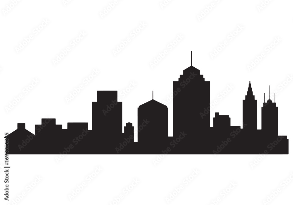 Fototapeta premium Modern city skyline silhouette with diverse building shapes and heights for urban design white background