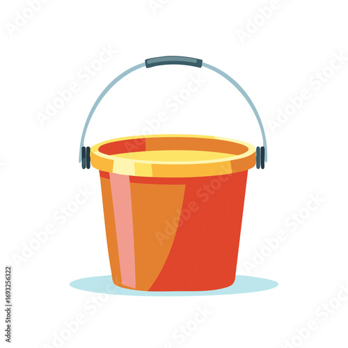 Orange bucket with a yellow rim and a metal handle isolated on white background.