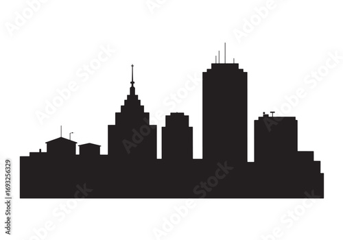 Urban skyline silhouette modern cityscape tall buildings rooftops architectural panorama graphic white background