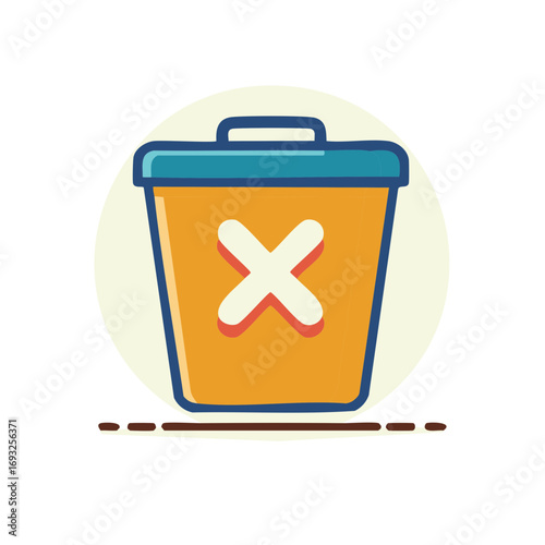 Cartoon Orange Deletion Container with Blue Lid and White Cross Symbol, Lined Illustration
