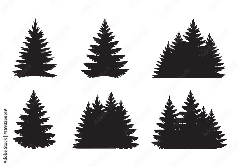 Obraz premium Silhouette collection of evergreen pine trees and forest groups for nature design white background
