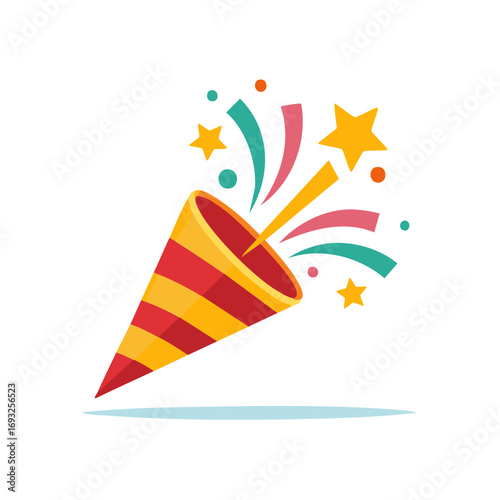 Colorful confetti explosion from a party popper on a white background, vector illustration for special events, holidays, and celebrations