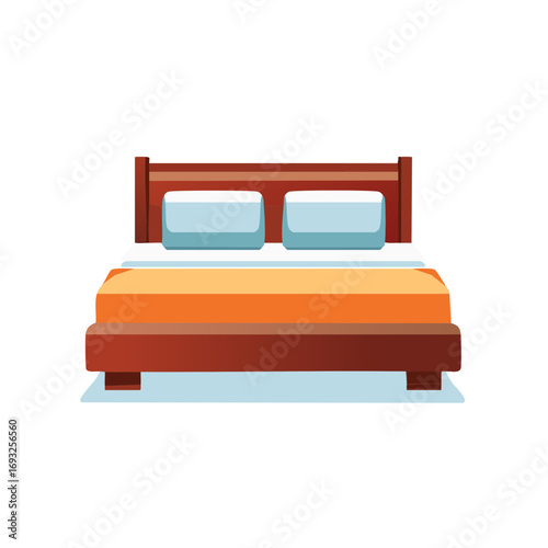 Illustration of a cozy bed with pillows, orange cover and wooden frame.