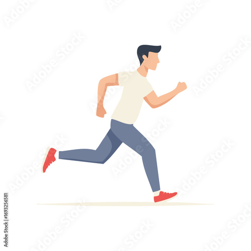 Vector illustration of a man jogging. Running person wearing a t-shirt, pants, and sneakers, on a light background.
