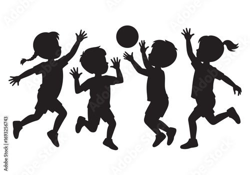 Active children silhouettes playing ball together outdoors in dynamic action white background
