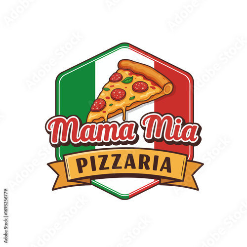 Mama Mia Pizzeria logo, featuring a slice of pizza and Italian flag colors.