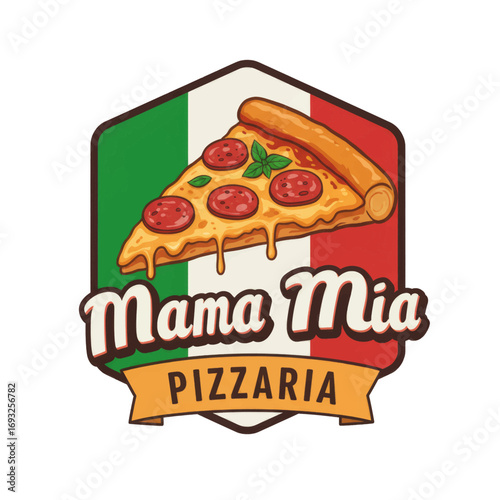 A vibrant logo for 'Mama Mia Pizzeria' featuring a pepperoni pizza slice against an Italian flag shield.