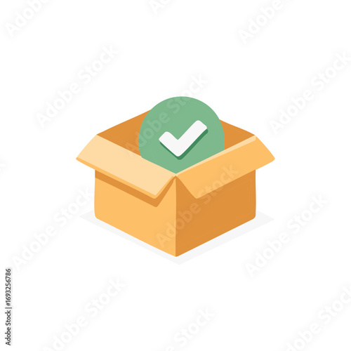 Green checkmark icon in an open cardboard box representing successful delivery or approval