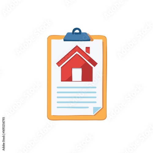 Red house symbol on a document in a clipboard, real estate concept