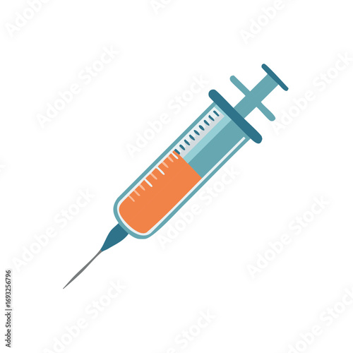 Illustration of hypodermic syringe with needle and orange liquid, vector graphic for medical or vaccine concepts