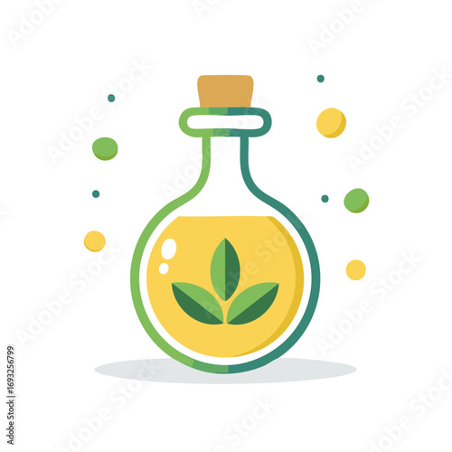 Vector illustration of a potion bottle with leaves inside and floating dots around.