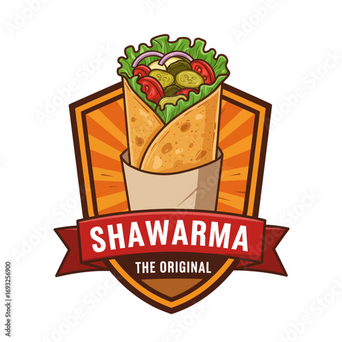 A colorful illustration of a shawarma wrap with vegetables, presented on a shield-shaped emblem.