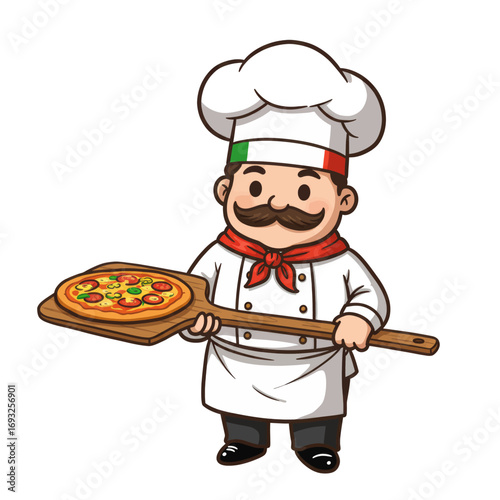 Cartoon chef holding pizza on a wooden peel, wearing a toque with Italian flag.