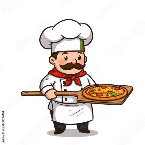 Cartoon chef holding a pizza on a wooden peel, smiling and wearing a chef's hat and uniform.