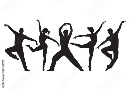 Diverse group of dancers in dynamic poses expressing movement and graceful artistry white background