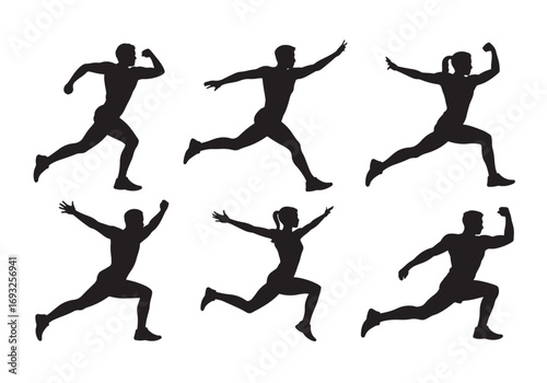 Dynamic silhouettes of six diverse athletes in full stride capturing movement and energy white background