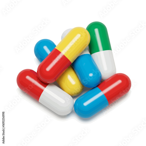A close-up view of a scattered pile of multi-colored pharmaceutical capsules on a clean white background.