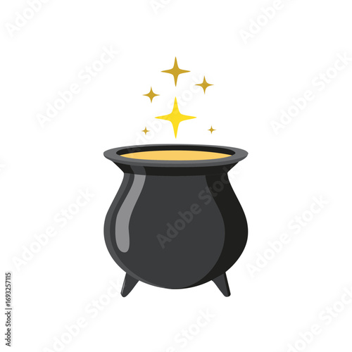 Black witch cauldron bubbling with golden liquid and magical sparkles perfect for Halloween themes