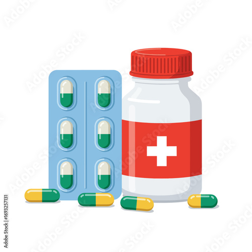 Illustration of a medicine bottle with a red cap and a blister pack of capsules.
