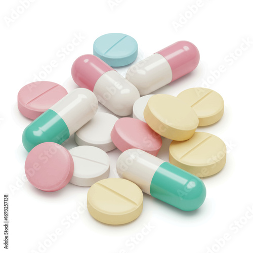 Close-up shot of various colorful pills and capsules scattered on a white surface.