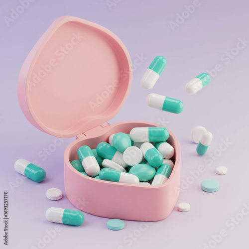 A pink heart-shaped pill box filled with teal and white capsules and tablets on a pastel purple background, with some pills floating in the air.