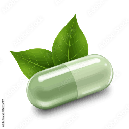 Green capsule pill with leaves, natural medicine concept.