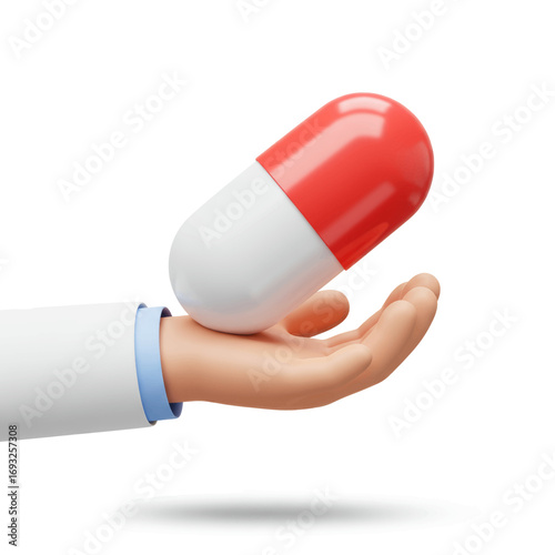 A cartoon hand holding a large red and white capsule, representing medicine.