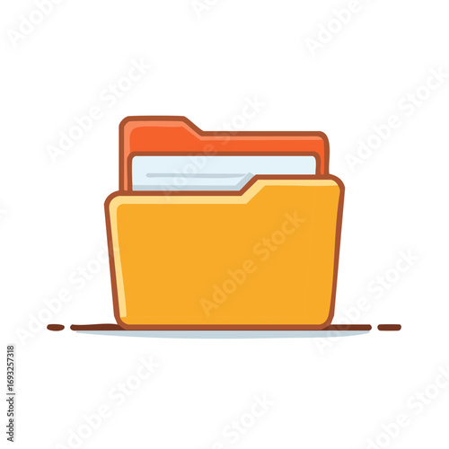 Yellow file folder icon with documents. Cartoon vector illustration for data storage and office organization.