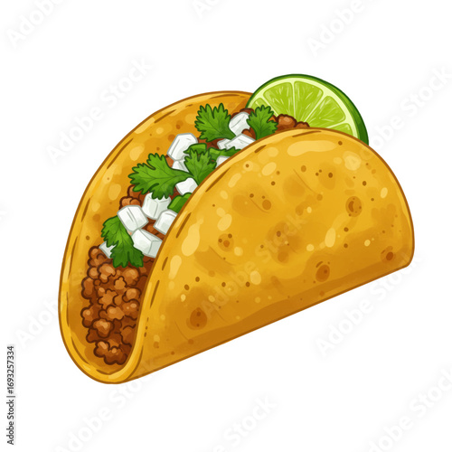 A delicious and appetizing illustration of a classic ground beef taco, generously filled with seasoned meat, chopped white onions, fresh cilantro, and a bright green lime wedge.