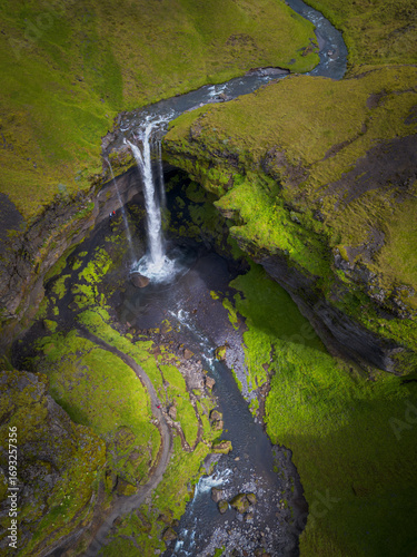 Aerial image of Kvernufoss, a beautiful waterfall hidden in a small gorge near Skogar in Iceland