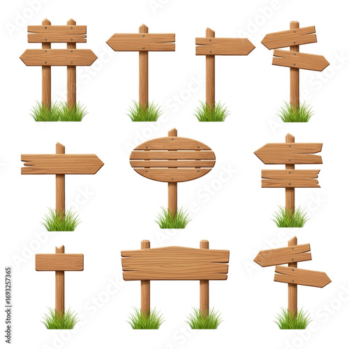 A collection of various blank wooden signs and signposts of different shapes and sizes, isolated on a white background with green grass at the base.