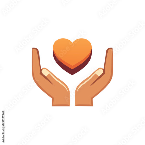 Graphic rendering shows hands gently catching or offering a stylized heart symbol, concept of compassion, love, care, and assistance.