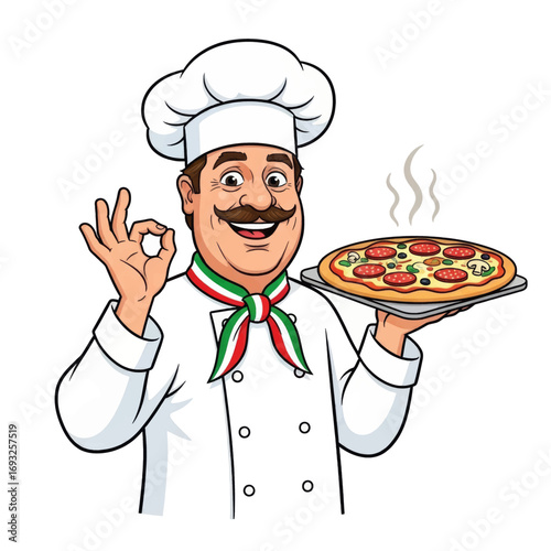 A cheerful cartoon chef in a white uniform and hat presents a freshly baked pizza on a metal tray, giving an "okay" gesture.
