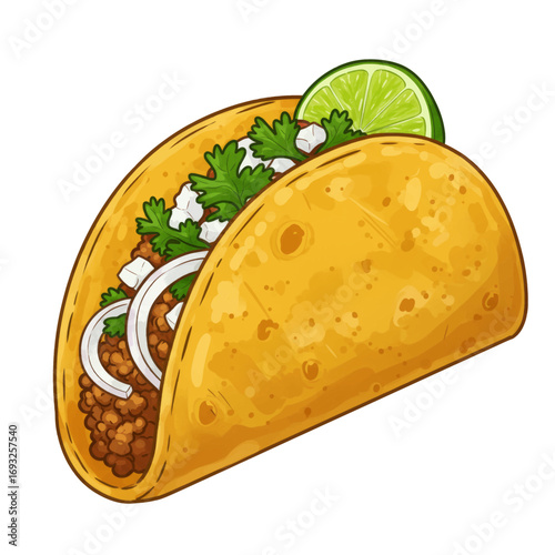 Illustration of a taco with meat, onions, cilantro, cheese, and lime.