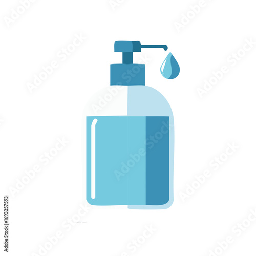 Blue hand sanitizer pump bottle with a liquid drop. Hygiene, sanitation, and antibacterial protection concept illustration.